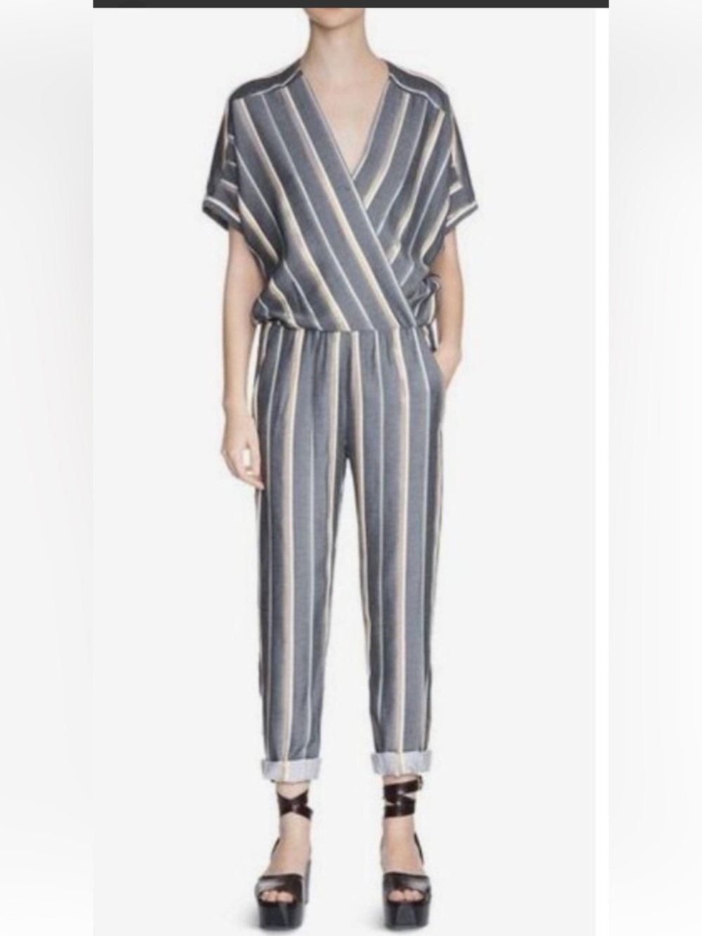 Maje Grey Pinstripe Tan & White V-Neck Short Sleeve Jumpsuit Size 2 Small